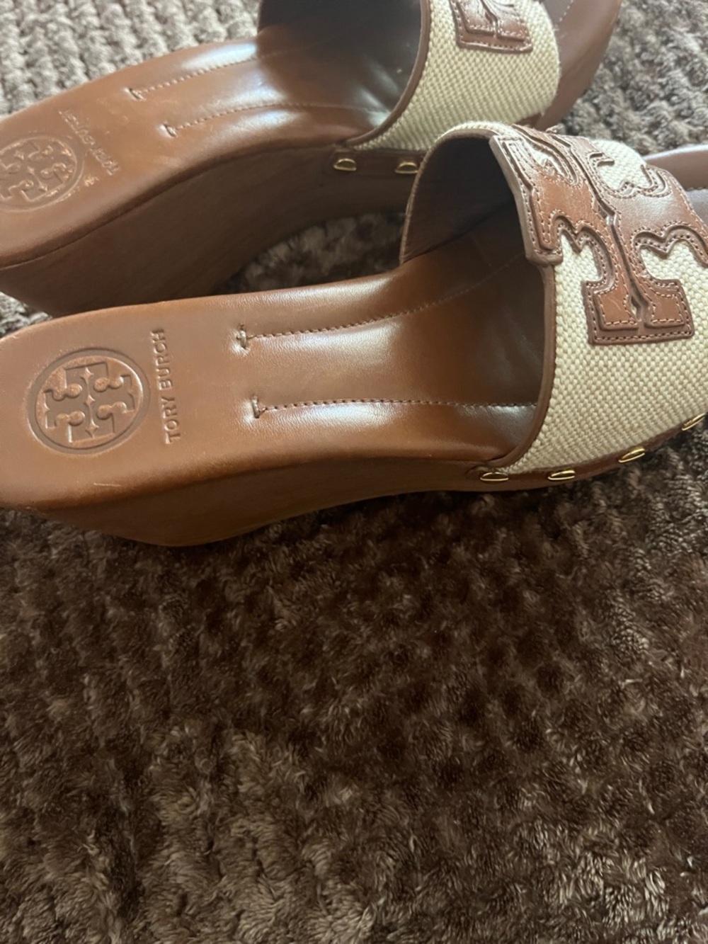 Tory Burch Brown Leather and Cream Canvas Logo Slide Mules - Picture 2 of 12